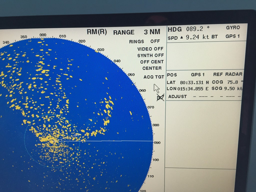 From a monitor on the bridge, yellow dots are ice, and we're at 80 degrees 33' N and 15 degrees 35' E